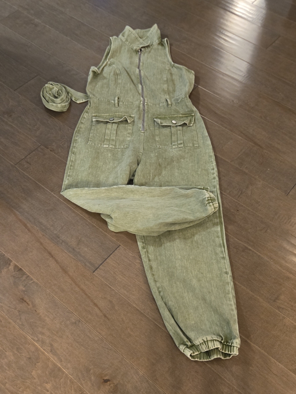 Olive Green Women’s Sleeveless Zip-Front Denim Overalls GILLI